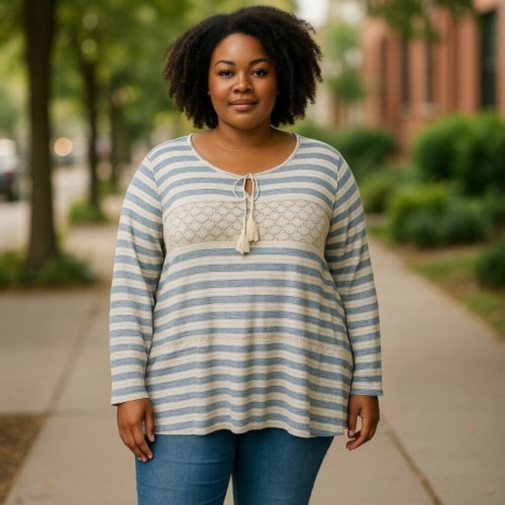 NEW DIRECTIONS Blue White Striped Crochet Trim Long Sleeved Top Ladies 2X XXL